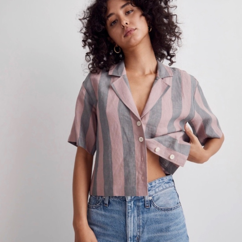 Madewell 100% Linen Striped Button down Tee L - Picture 3 of 5